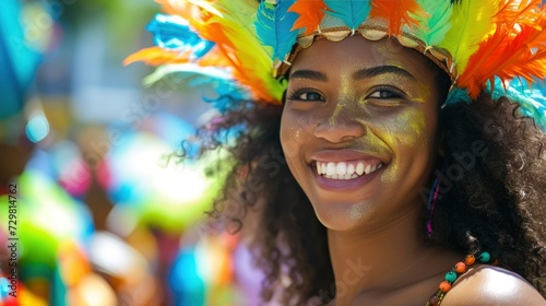 A young woman from the Caribbean, with a joyful expression and a carnival costume, is dancing in a parade in Port of Spain, Trinidad and Tobago