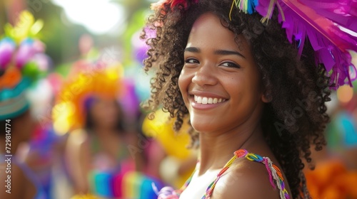 A young woman from the Caribbean, with curly hair and a colorful dress, is dancing at a carnival in Trinidad