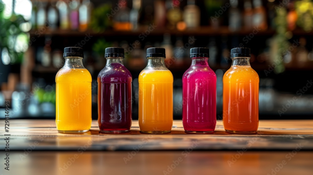 Bouteilles Transparentes de Liquides Colorés sur un Comptoir de Bar Bouteilles Transparentes de Liquides Colorés sur un Comptoir de Bar