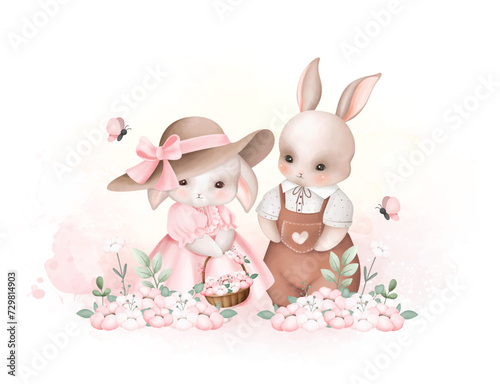 Watercolor Illustration Cute Couple Rabbit at Garden Full of Flowers