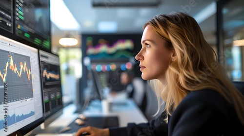 Focused professional analyzing financial data on dual monitors. financial expert in modern office setup. business analytics and stock market analysis at work. AI