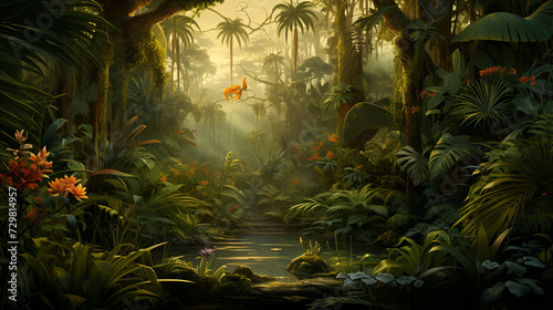 tropical forest in the morning 3d image   sunset in the forest