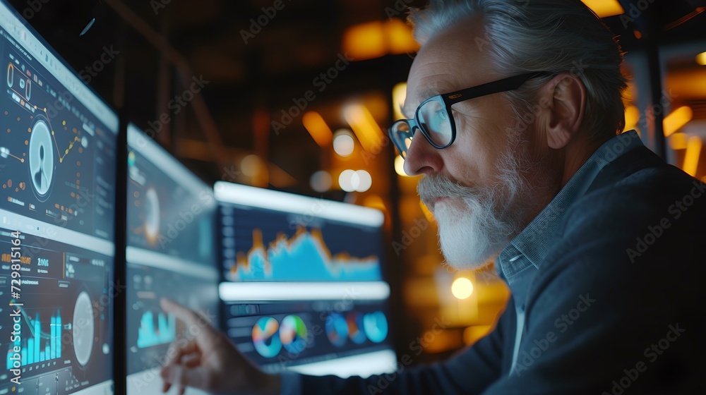 Senior professional analyzing data on multiple computer screens in a ...