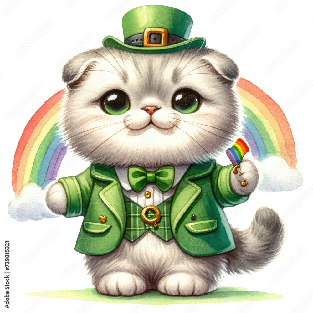 Scottish Fold Dress up in a St. Patrick's theme. Use both front legs to hold a rainbow. Soft water color, not bold, white background. Scottish Fold Dress up in a St. Patrick's theme. Use both front legs to hold a rainbow. Soft water color, not bold, white background.