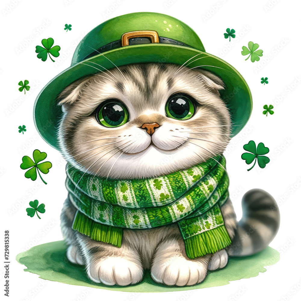 Scottish Fold dresses up in a St. Patrick's theme and wears a green plaid scarf. Soft water color, not bold, white background. - obrazy, fototapety, plakaty 