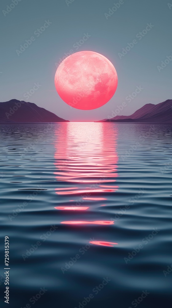 Pink Moon Rising Over Calm Waters in Vertical Serenity. Background for Instagram Story, Banner Pink Moon Rising Over Calm Waters in Vertical Serenity. Background for Instagram Story, Banner