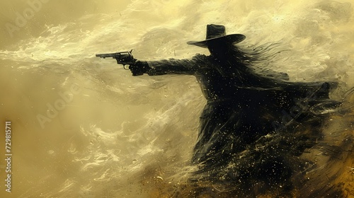 Wild west outlaw shooting with his gun photo