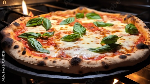 Close-up of a delicious hot pizza with cheese and basil leaves on the background of an oven with fire. Italian food, Pizzeria, cafe concepts.