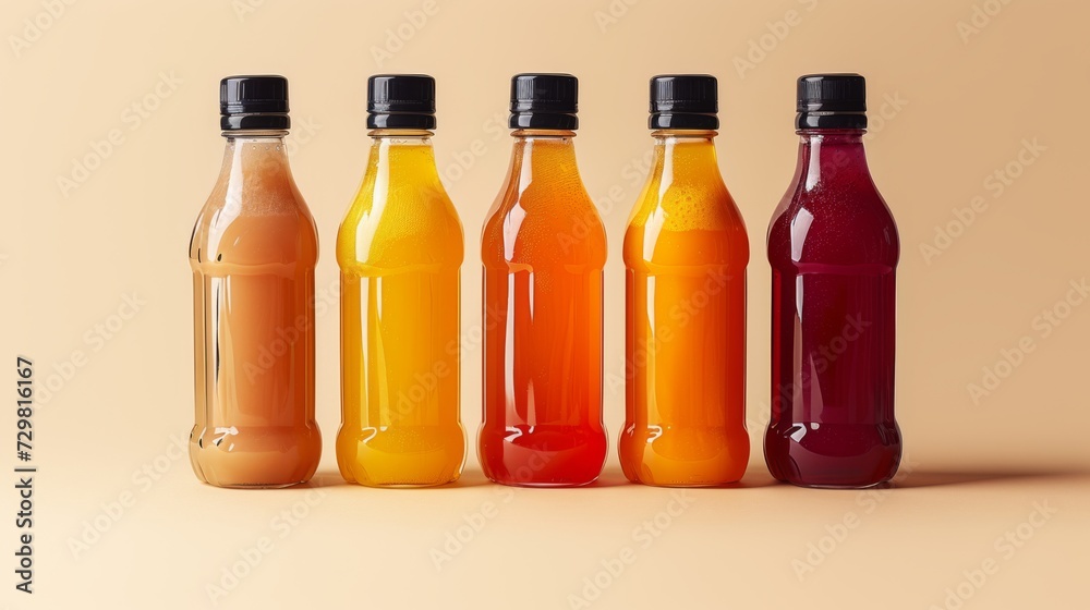 Collection de Bouteilles Colorées de Jus et Smoothies sur Fond Clair Collection de Bouteilles Colorées de Jus et Smoothies sur Fond Clair