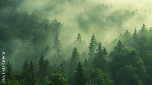 Green forest with morning fog