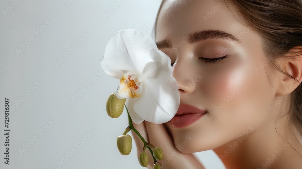 Serene beauty with orchid bloom. woman enjoying nature's aroma. perfect for wellness and cosmetics ads. AI