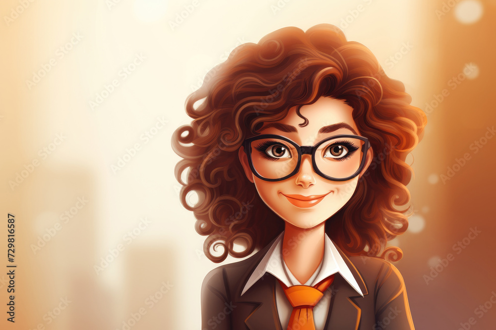 Portrait of cute female CEO with dark curly hair in office. Light blurred background with copy space.