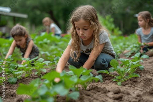 A community garden where families are interacting, helping each other, planting trees, and more.