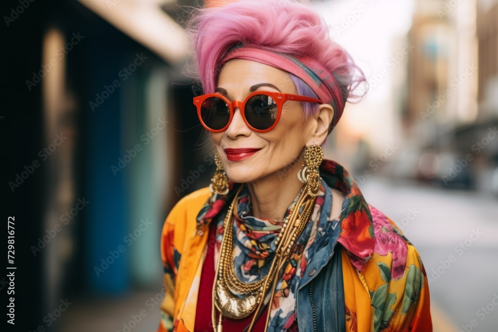 Fashionable woman with pink hair and sunglasses on the street.