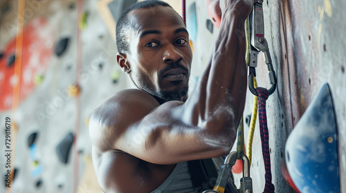 Male African American climber please preparing for ascent in indoor gym
