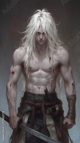 Warrior with long white hair and bare chest