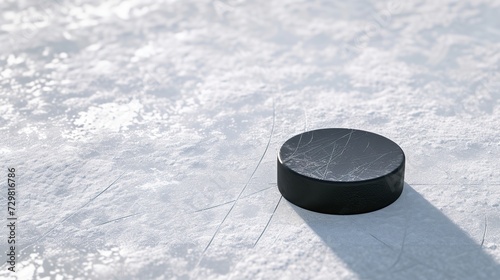 Hockey puck on ice background photo