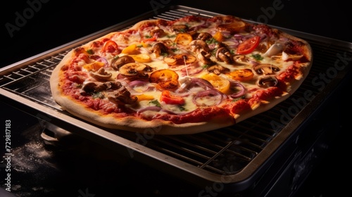 Close-up of a fresh hot pizza just out of the oven. Food, pastries, Italian cuisine concepts.