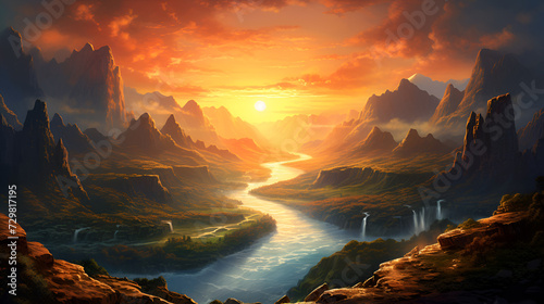 sunrise over the mountains 3d image, sunset over the mountains © a