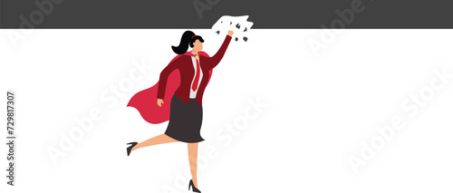 Businesswoman, female leader punches and breaks through a ceiling wall with her powerful fist, breakthrough, and revolution,