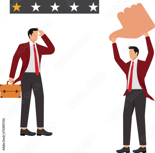 Big hand shows thumbs down hand sign to businessman and gives a one-star rating out of five stars, one star is the lowest rating