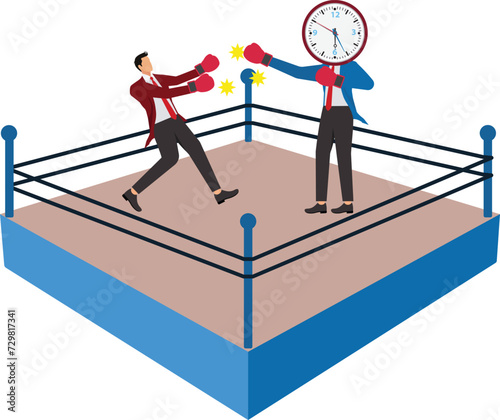 Deadline, stress and time pressure concept Businessman is beaten up by an anthropomorphic time clock