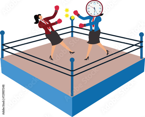 Deadline, stress and time pressure concept Businesswoman is beaten up by an anthropomorphic time clock
