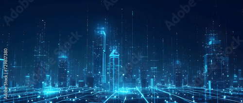Illustration of a modern futuristic smart city concept with abstract bright lights against a blue background. Showcases cityscape urban architecture, emphasizing a futuristic technology city concept. © jex