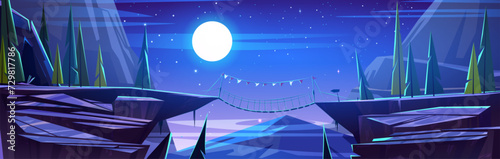 Rope bridge hanging between edges of high dangerous rock cliff with gap chasm at night. Dark evening cartoon natural landscape with adventure footbridge road over canyon in mountains under moon light.