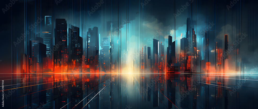 Illustration of a modern futuristic smart city concept with abstract bright lights against a blue background. Showcases cityscape urban architecture, emphasizing a futuristic technology city concept.
