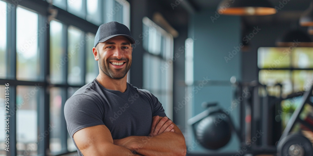 Gym discount summer sale off free deal concept. Fitness adult male coach muscled man personal trainer in t-shirt and cap in sport club interior. Getting fit healthy resolutions Gym discount summer sale off free deal concept. Fitness adult male coach muscled man personal trainer in t-shirt and cap in sport club interior. Getting fit healthy resolutions
