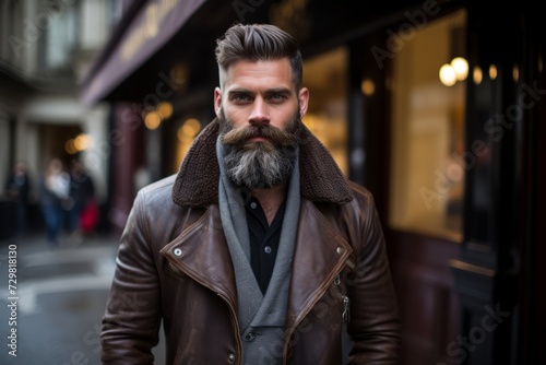 Bearded man, long beard, brutal caucasian hipster with moustache in brown leather jacket and scarf on city street in evening, looking at camera
