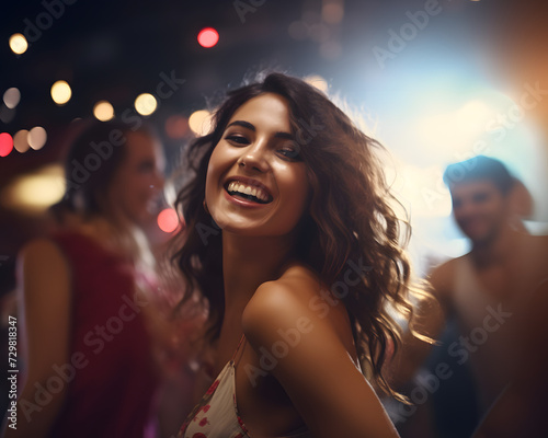 Young brunette attractive girl dancing with friends in club
