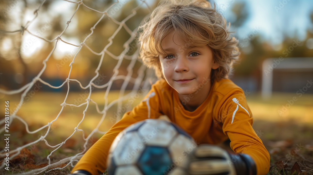 Fototapeta premium child goalkeeper with a ball