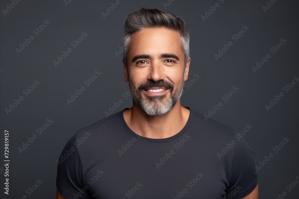Handsome middle-aged man in black t-shirt on grey background