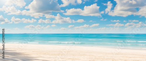 Beautiful tropical beach background with white sand and blue ocean. Summer background concept © AstamaAw