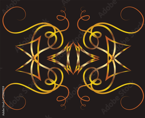 Fantasy illustration with swirls and sharp corners. Symmetrical ornament, applique, background with space for inscription. Gold gradient on a black background for printing on fabric, applique and card