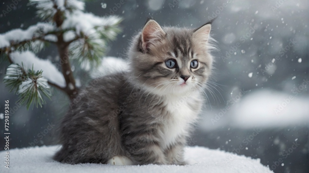 Gray Cat in snow in winter and snowfall
