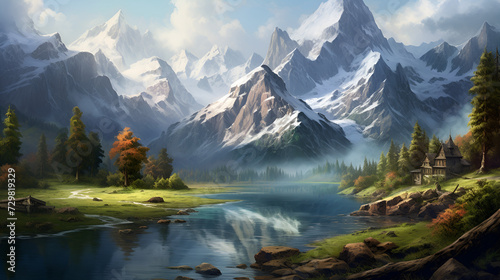 lake in the morning,,
lake in the mountains 3d image photo