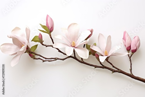 Blooming white and pink close-up flowers of magnolia on a branch with young leaves, growing in spring park or botanical garden, with blurred white background