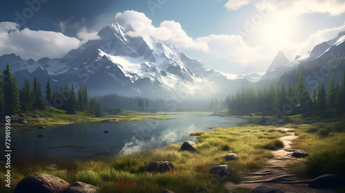 lake in the morning 3d image,, lake and mountains