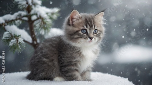 Gray Cat in snow in winter and snowfall 
