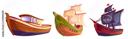 Set of wooden ships isolated on white background. Vector cartoon illustration of fishing boat, vintage sailboat, pirate vessel with jolly roger skull on black sail, adventure voyage, water transport