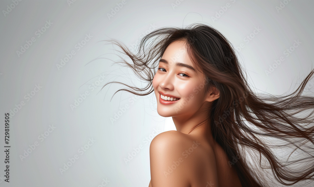 Portrait of a beautiful woman with a bright smile, hair is a beautiful black color, shampoo advertising concept Hair conditioner and cosmetic products,Generative AI Portrait of a beautiful woman with a bright smile, hair is a beautiful black color, shampoo advertising concept Hair conditioner and cosmetic products,Generative AI