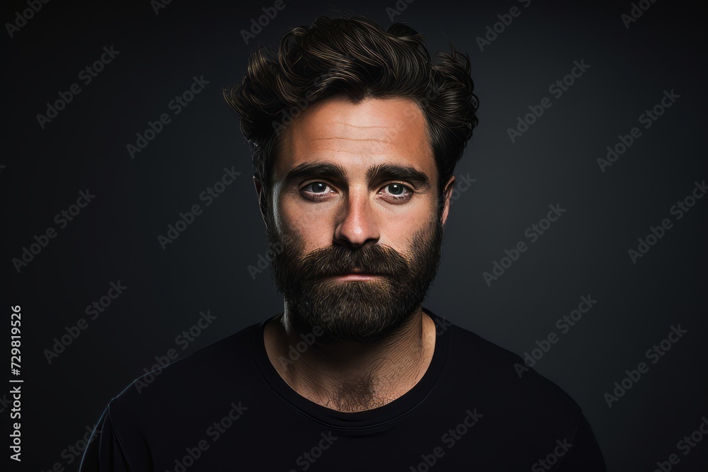 Handsome man with beard and mustache on a dark background.