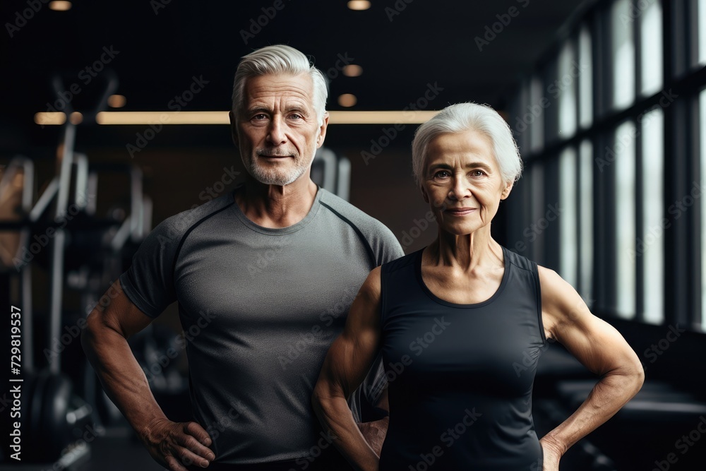 Portrait of active senior happy smiling couple family standing in gym after doing workout.
