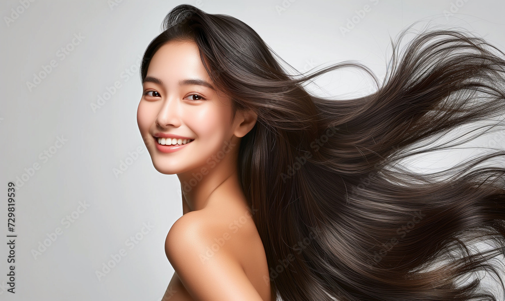 Portrait of a beautiful woman with a bright smile, hair is a beautiful black color, shampoo advertising concept Hair conditioner and cosmetic products,Generative AI Portrait of a beautiful woman with a bright smile, hair is a beautiful black color, shampoo advertising concept Hair conditioner and cosmetic products,Generative AI