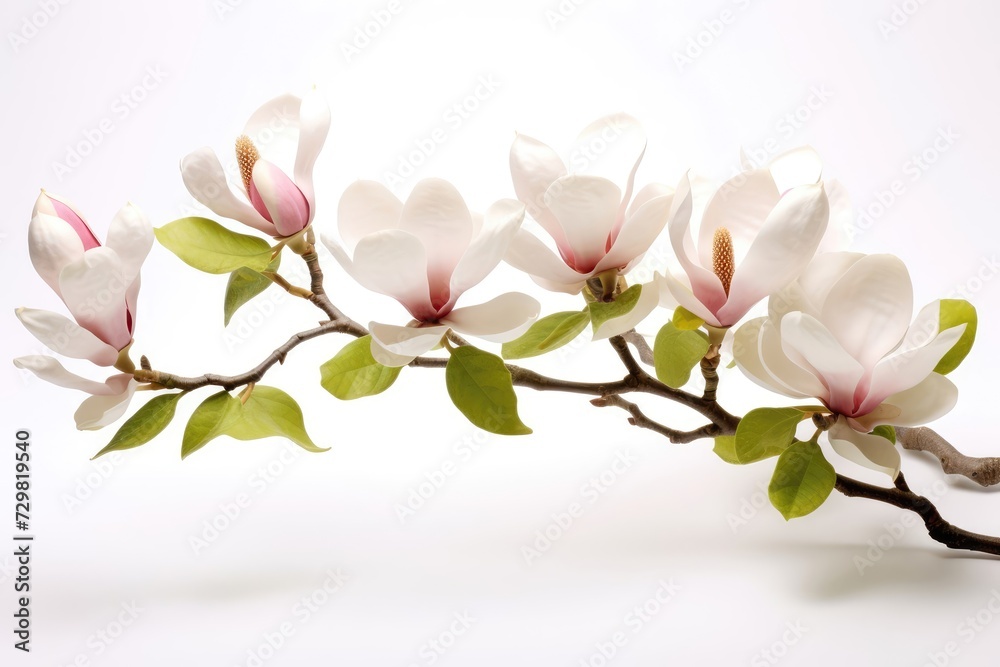 Blooming white and pink close-up flowers of magnolia on a branch with young leaves, growing in spring park or botanical garden, with blurred white background