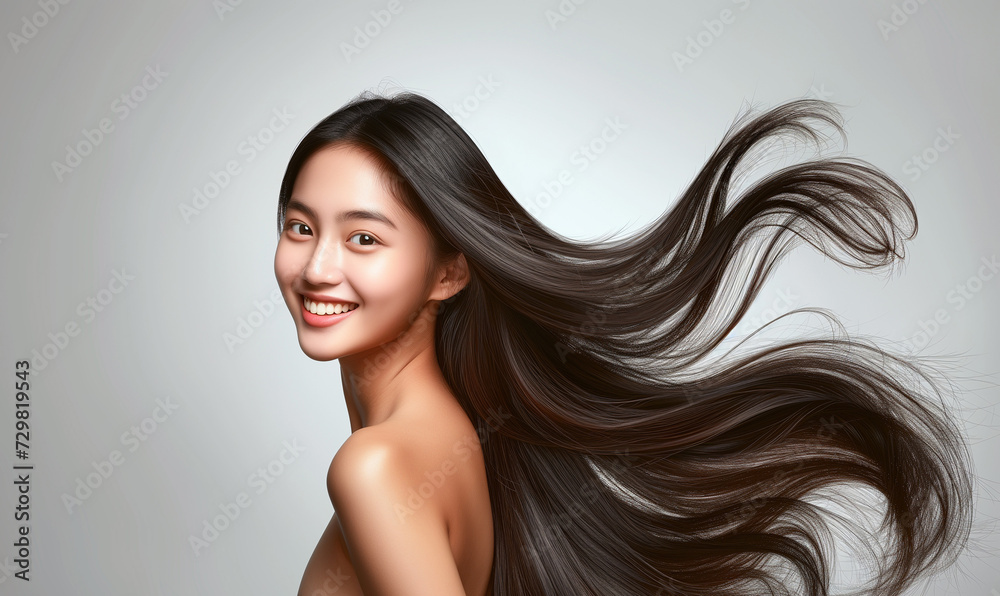 Portrait of a beautiful woman with a bright smile, hair is a beautiful black color, shampoo advertising concept Hair conditioner and cosmetic products,Generative AI - obrazy, fototapety, plakaty 