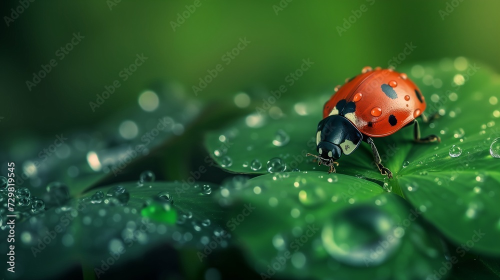 Fototapeta premium Macro photo of Ladybug in the green grass. Macro bugs and insects world. Nature in spring concept.